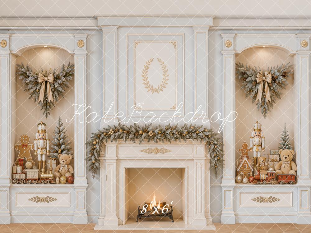 Kate Christmas Fireplace Retro Wall Nutcracker Garland Gingerbread Printed Backdrop Designed by Emetselch