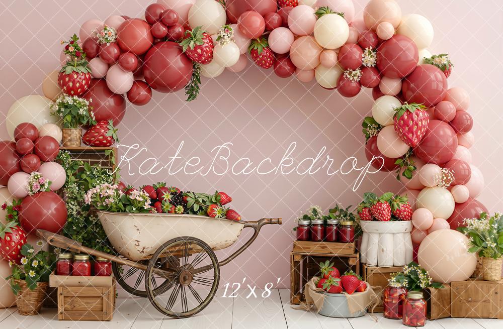 Kate Summer Strawberry Balloon Arch Wheelbarrow Crates Printed Backdrop Designed by Emetselch