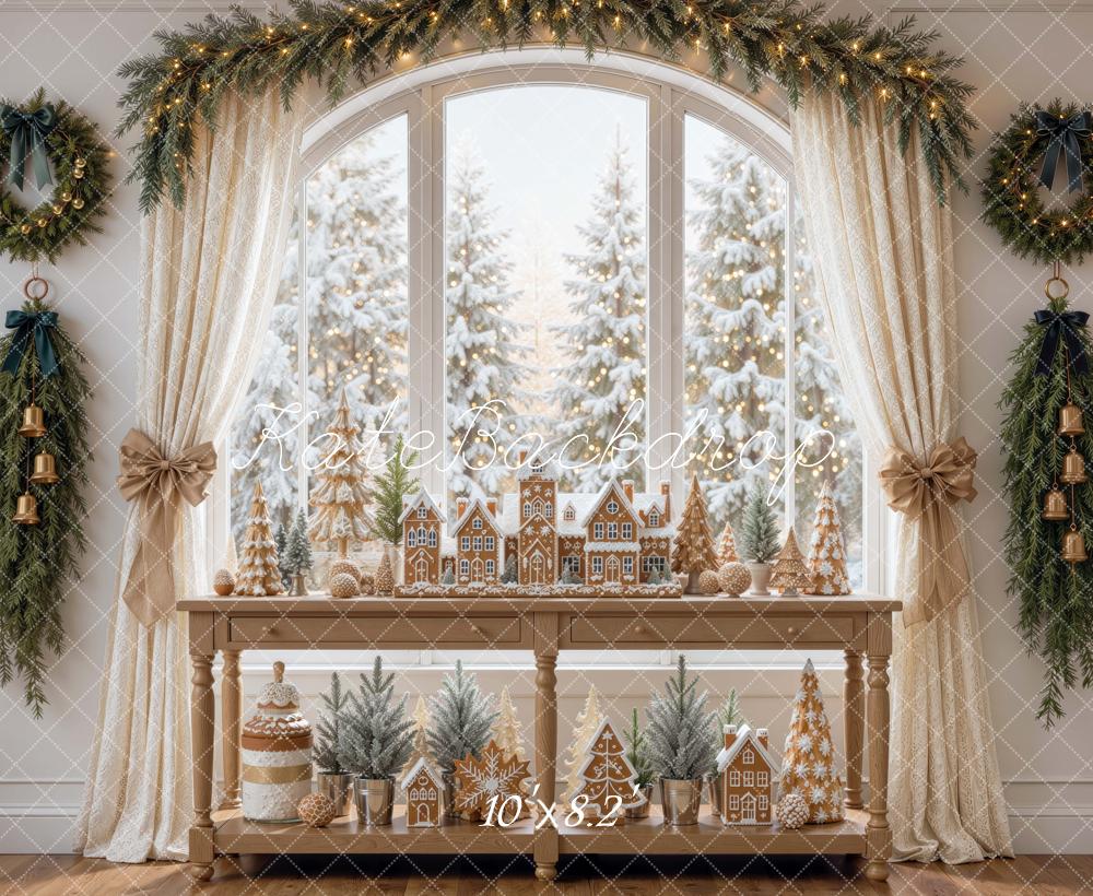 Kate Christmas Gingerbread Village Window Garland Curtains Printed Backdrop Designed by Mini MakeBelieve