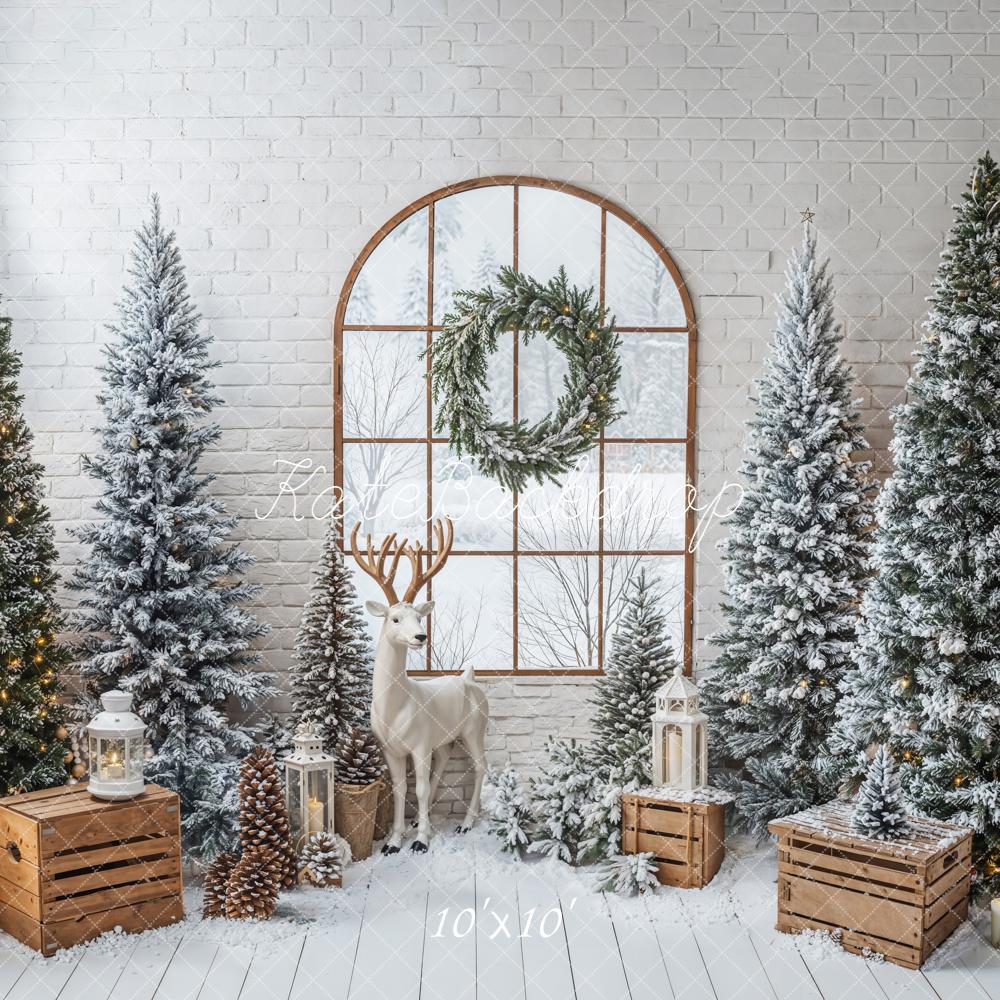 Kate Christmas Snowy Pines Arched Window Reindeer Crates Backdrop Designed by Emetselch