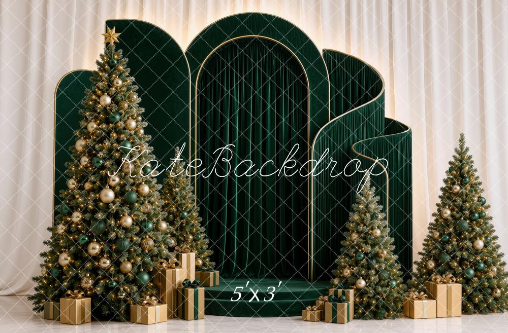 Kate Christmas Green Arch Panel Christmas Trees Gifts Printed Backdrop Designed by Ashley Ward