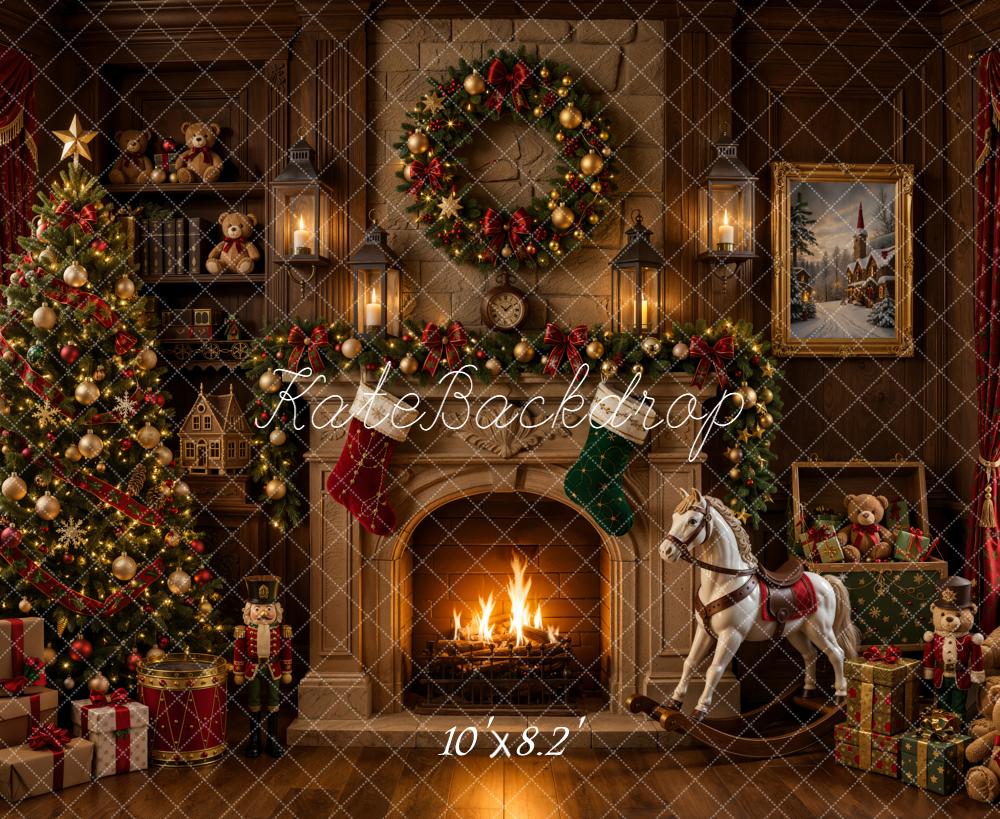 Kate Christmas Fireplace Tree Presents Rocking Horse Teddy Bear Printed Backdrop Designed by Emetselch