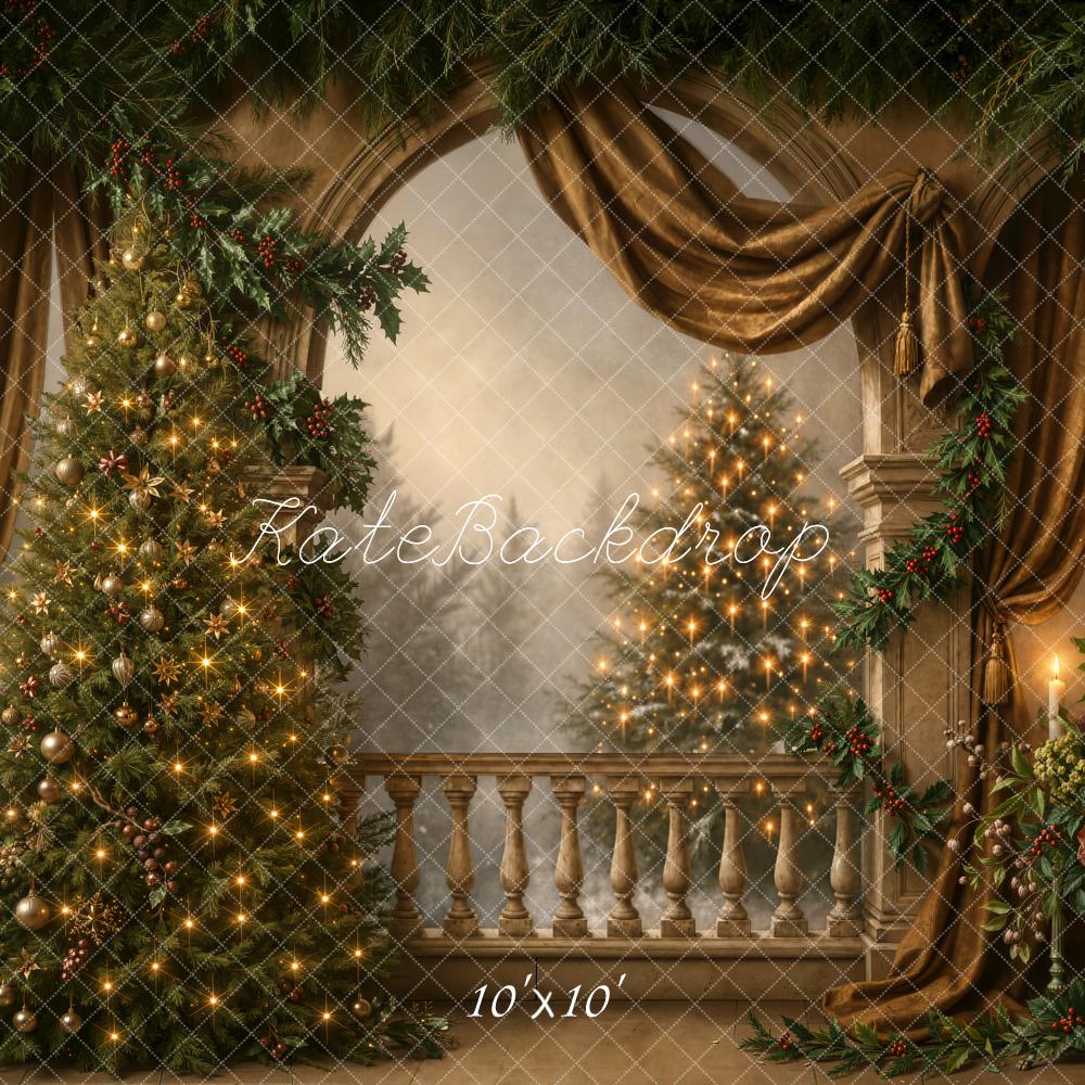 Kate Christmas Tree Vintage Balcony Garland Gold Curtains Flowers Printed Backdrop Designed by Chain Photography