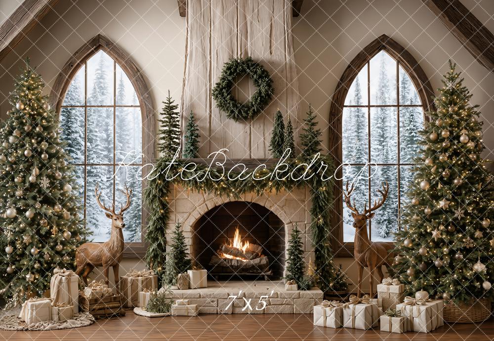 Kate Christmas Fireplace Reindeer Trees Garland Window Presents Printed Backdrop Designed by Emetselch