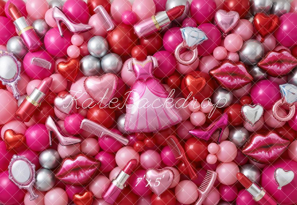 Kate Makeup Pink Balloons Dress High Heels Lipstick Printed Backdrop Designed by Chain Photography