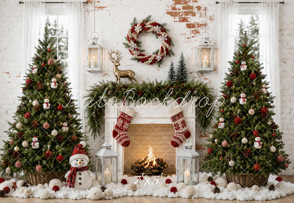 Kate Christmas Trees Fireplace Snowman Reindeer Wreath Vintage Wall Printed Backdrop Designed by Emetselch