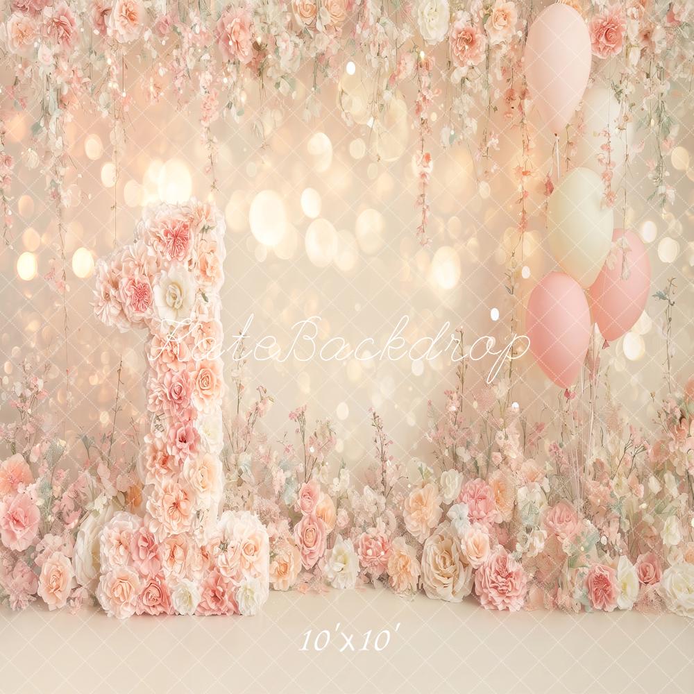 Kate Cake Smash One Flower Arch Bokeh Balloons Printed Backdrop Designed by Angela Miller