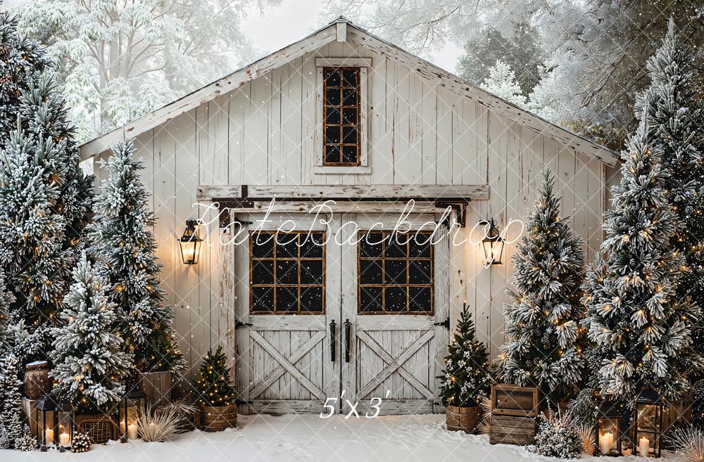 Kate Christmas Winter Snowy Barn Pine Trees Lanterns Backdrop Designed by Emetselch