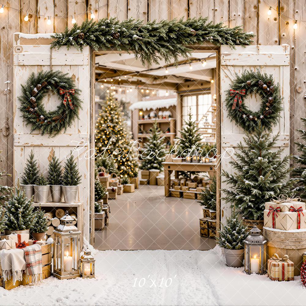 Kate Christmas Rustic Wood Cabin Door Evergreen Wreath Gifts Trees Printed Backdrop Designed by Emetselch