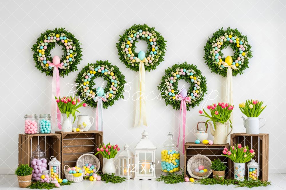 Kate Easter Wreath Pastel Eggs Tulips Crates Backdrop Designed by Patty Roberts