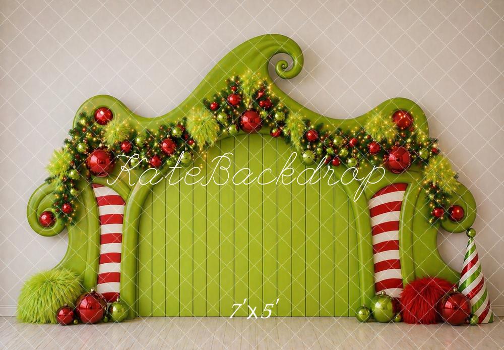 Kate Christmas Headboard Whimsical Green Candy Cane Ornament Garland Arch Printed Backdrop Designed by Caitlin Lynch