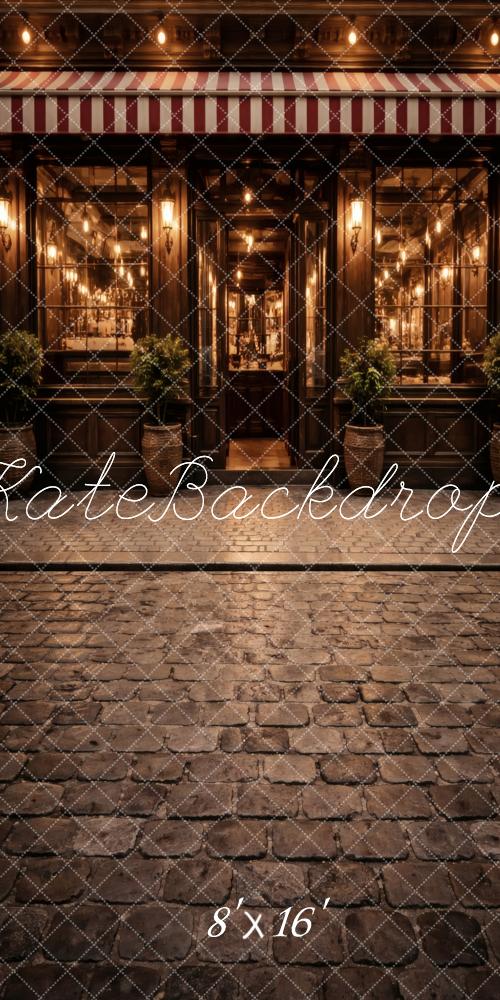 Kate Sweep Striped Awning Vintage Cafe Cobblestone Street Printed Backdrop Designed by Vertigo Productions