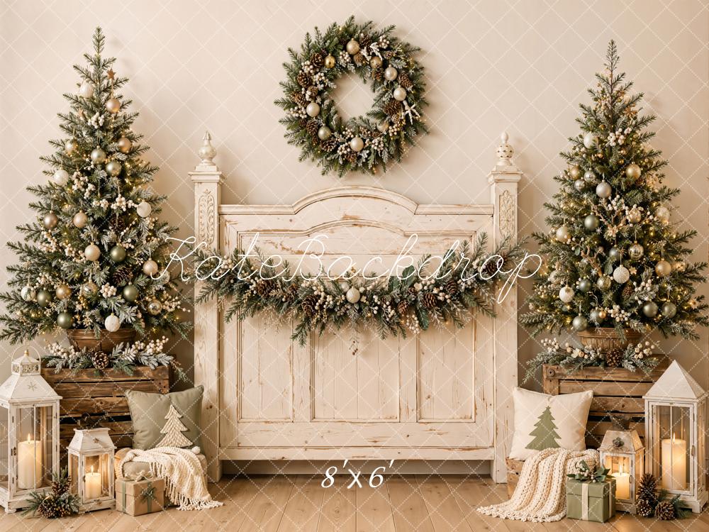 Kate Christmas Rustic Headboard Trees Wreath Lanterns Printed Backdrop Designed by Emetselch