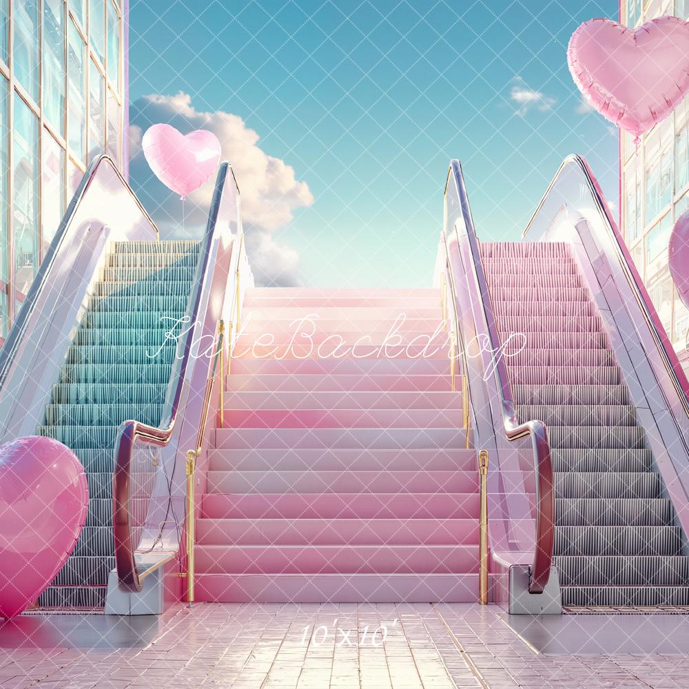Kate Valentine's Day Pink Heart Balloons Escalator Stairs Backdrop Designed by Emetselch