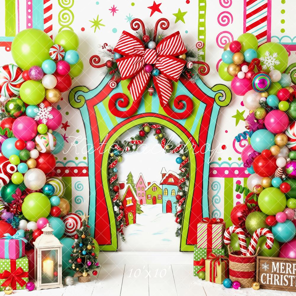 Kate Christmas Cake Smash Whimsical Candyland Balloon Arch Presents Printed Backdrop Designed by Patty Roberts