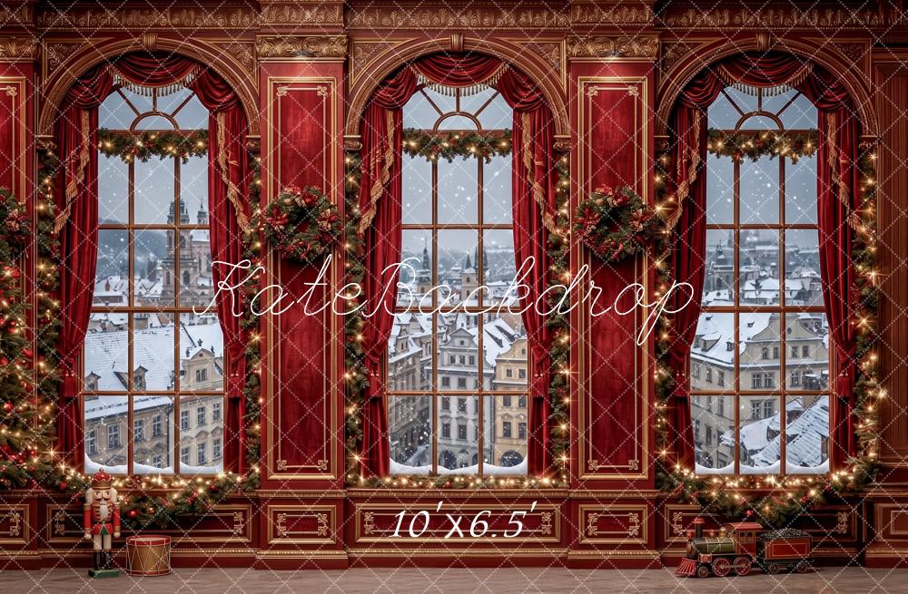 Kate Christmas Ornate Red Arched Windows Snowy City Printed Backdrop Designed by Angela Miller