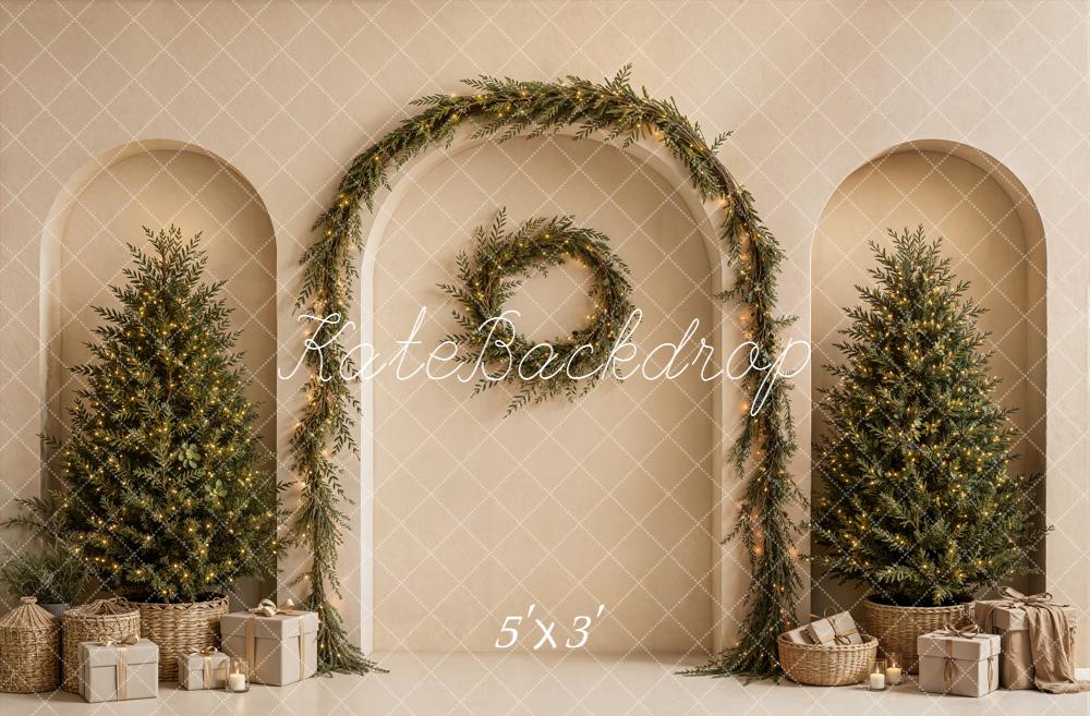Kate Christmas Neutral Arch Wall Wreath Trees Gifts Printed Backdrop Designed by Emetselch