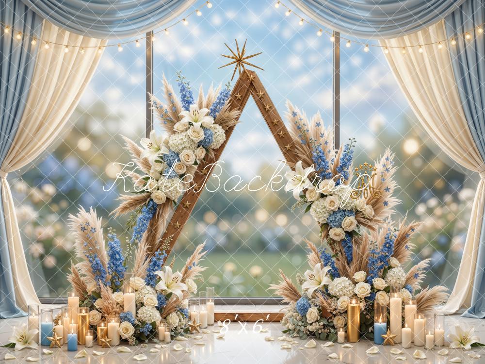 Kate Mother's Day Flower Arch Triangular Frame Candles Blue and White Drapes Printed Backdrop Designed by Emetselch