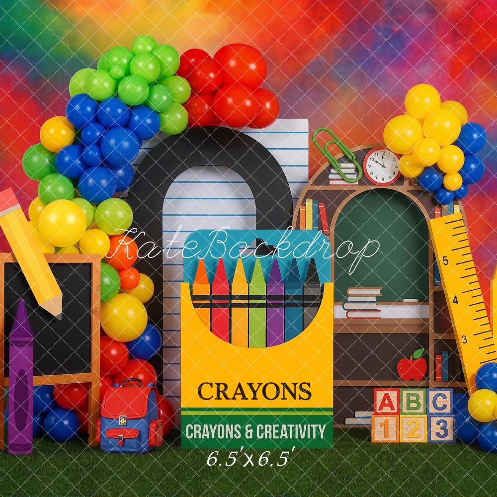 TEST Kate Back to School Rainbow Crayons Balloons Chalkboard Ruler Printed Backdrop Designed by Emetselch