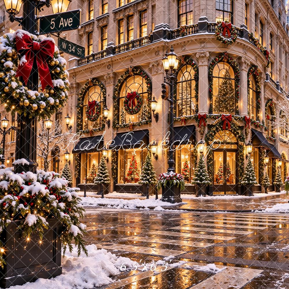 Kate Christmas New York City Street Snowy Cityscape Crosswalk Printed Backdrop Designed by Jordan Moon
