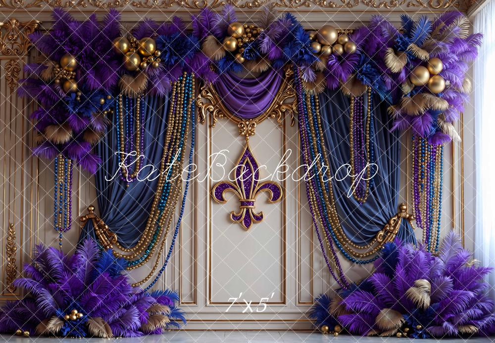 Kate Mardi Gras Fleur De Lis Purple Gold Beads Floral Curtain Backdrop Designed by Mini MakeBelieve