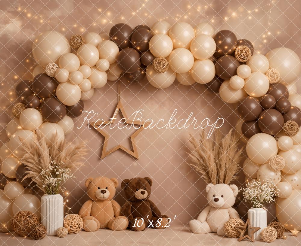 Kate Cake Smash Balloon Arch Teddy Bears Pampas Grass Neutral Brown Backdrop Designed by Emetselch