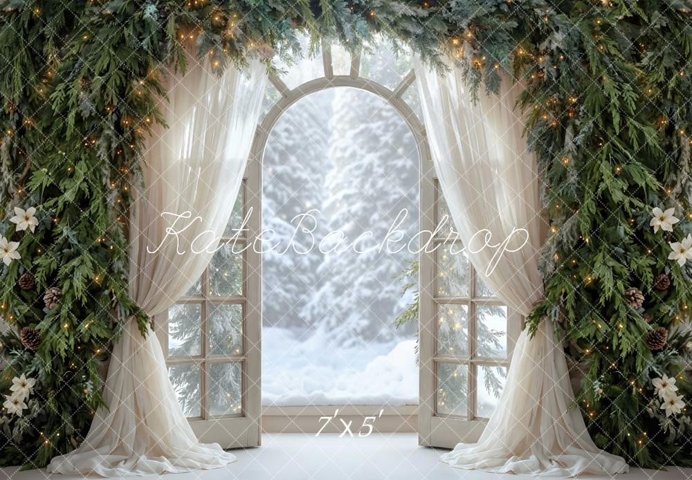 Kate Christmas Window Garland Pinecones Arch Snowy Forest Printed Backdrop Designed by Mini MakeBelieve