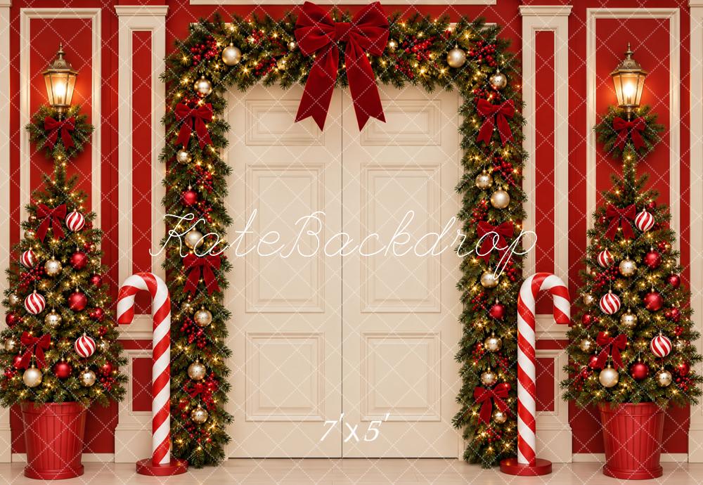 Kate Christmas Door Garland Arch Trees Red Wall Printed Backdrop Designed by Vertigo Productions
