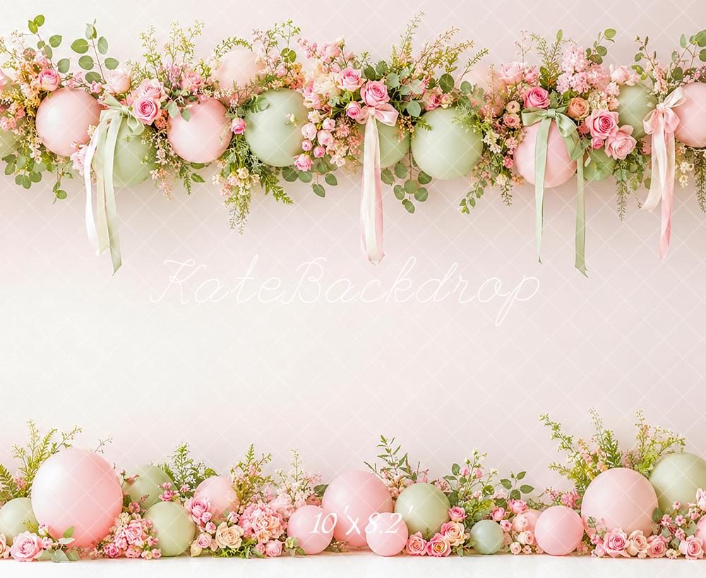 Kate Spring Pastel Floral Balloon Garland Ribbons Bows Printed Backdrop Designed by Angela Miller