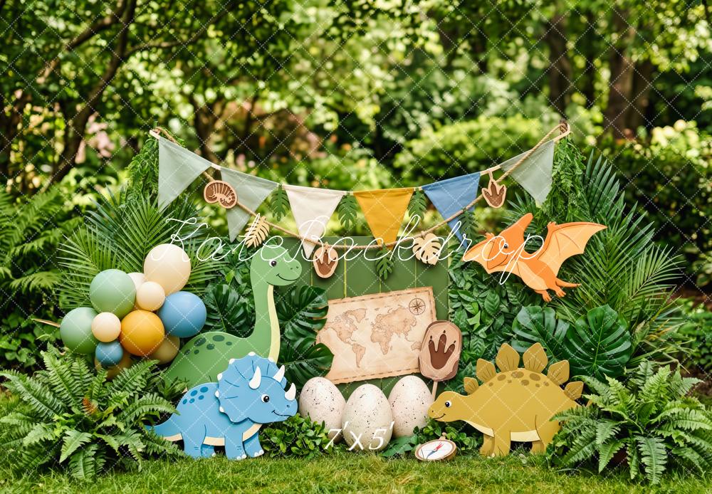 Kate Cake Smash Dinosaur Explorer Jungle Map Egg Balloons Printed Backdrop Designed by Patty Roberts