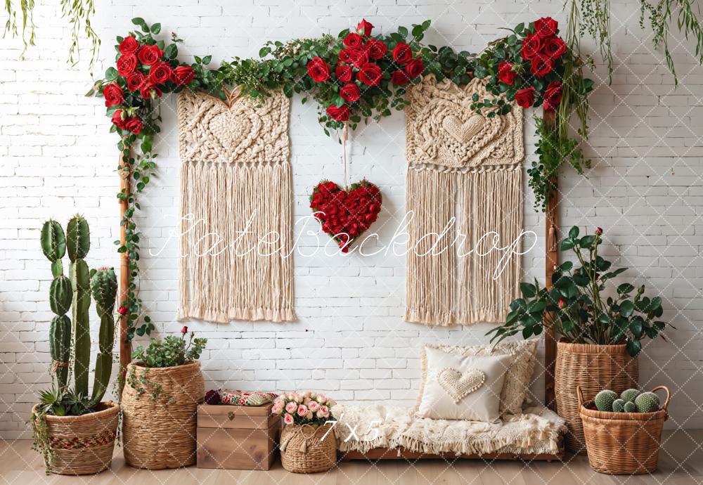 Kate Valentines Boho Macrame Heart Red Roses Greenery White Wall Backdrop Designed by Emetselch