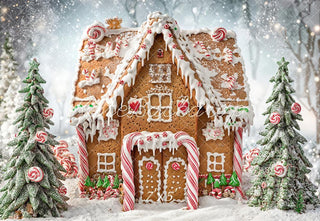 Kate Christmas Tree Gingerbread Candy House Snow Printed Backdrop Designed by Emetselch