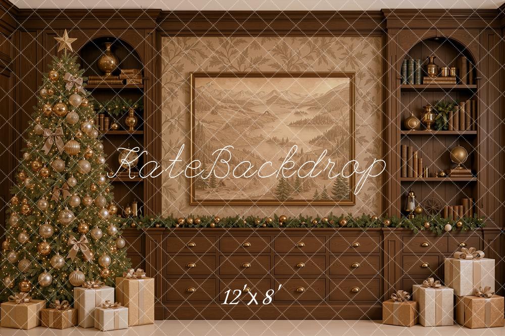 Kate Christmas Traditional Brown Library Cabinet Christmas Tree Printed Backdrop Designed by Shutter Swan Studios