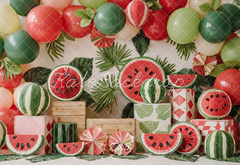 Kate Summer Watermelon Balloons Leaves Wooden Crates Printed Backdrop Designed by Emetselch