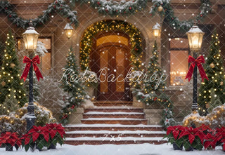 Kate Christmas Snowy Porch Garland Red Bows Lamppost Printed Backdrop Designed by Emetselch