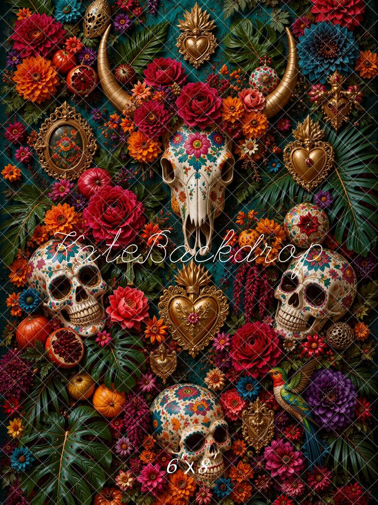Kate Mexican Day Of The Dead Fine Art Skulls Floral Horns Printed Backdrop Designed by Ashley Ward