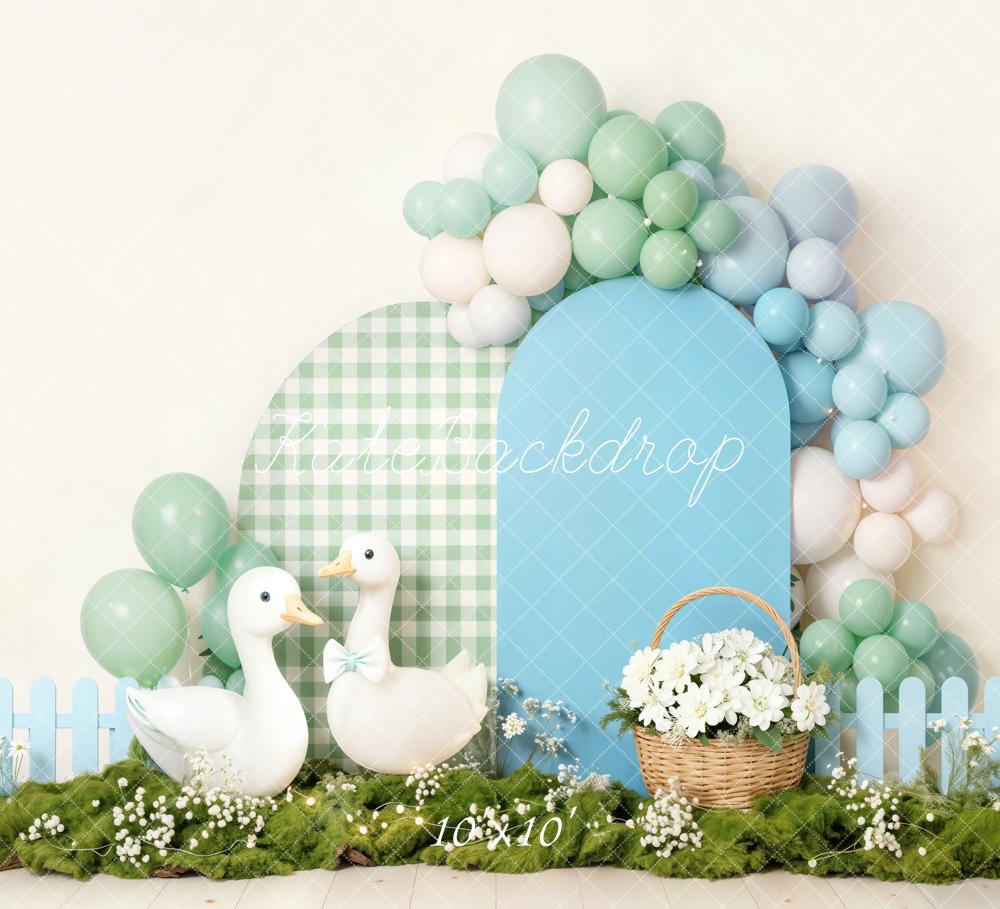 Kate Cake Smash Silly Goose Balloon Blue Arch Gingham Basket Flowers Backdrop Designed by Emetselch