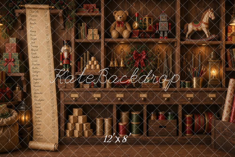 Kate Christmas Santas Workshop Toy Shelf Nutcracker Train Wreath Printed Backdrop Designed by Ashley Ward