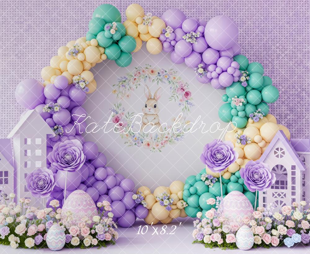 Kate Easter Bunny Balloon Arch Pastel Houses Printed Backdrop Designed by Patty Roberts