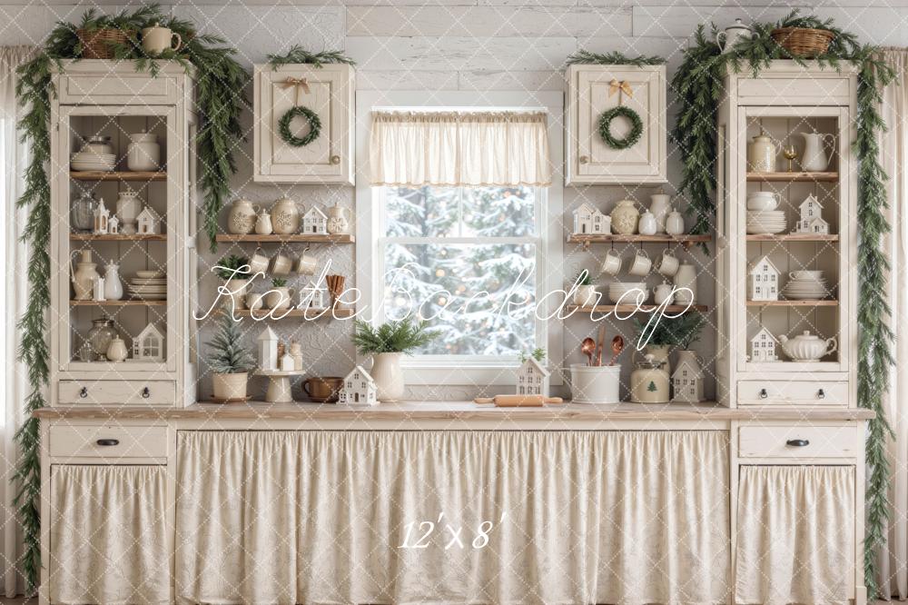 Kate Christmas Farmhouse Kitchen Cabinet Shelf White Printed Backdrop Designed by Mini MakeBelieve