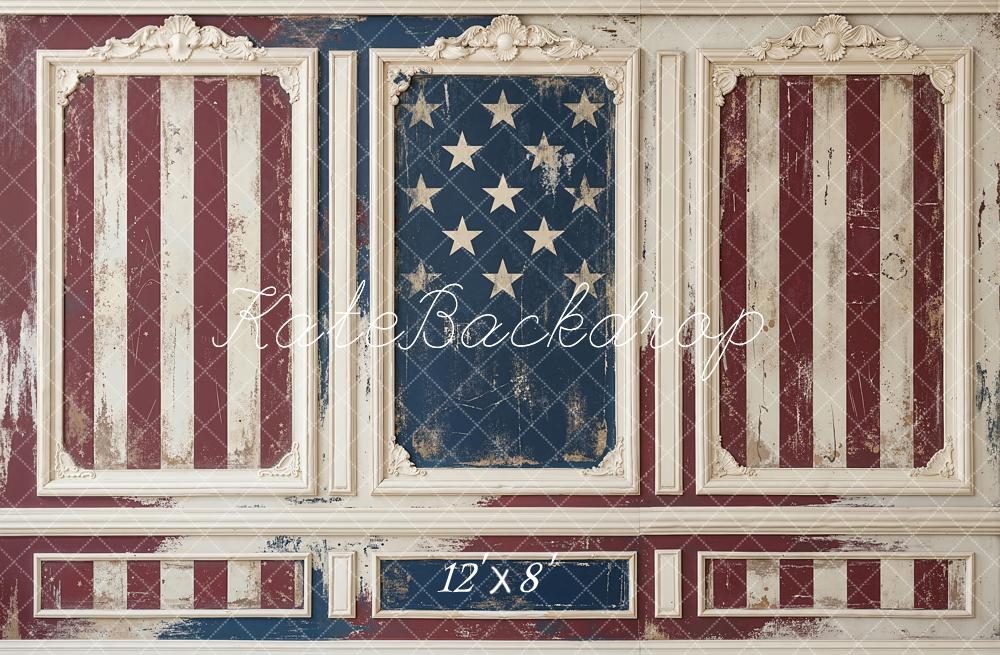Kate Independence Day Vintage American Flag Panel Wall Printed Backdrop Designed by Emetselch
