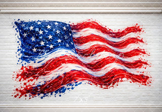 Kate Fourth Of July American Flag Paint Splash on White Brick Wall Printed Backdrop Designed by Mini MakeBelieve