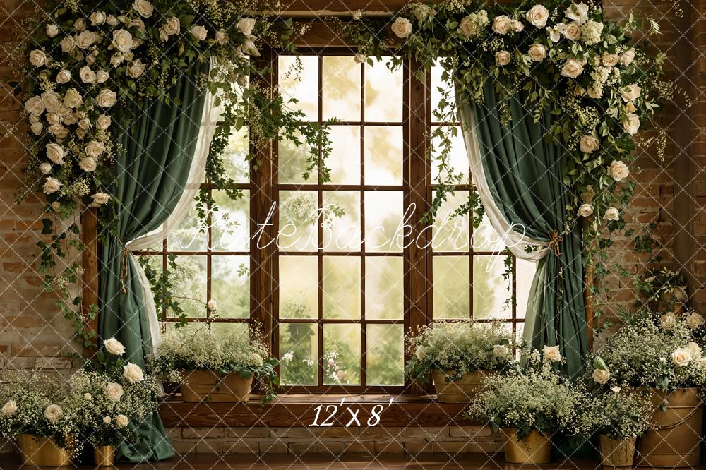 Kate Spring Flower Arch Window Green Curtains Brick Wall Backdrop Designed by Emetselch
