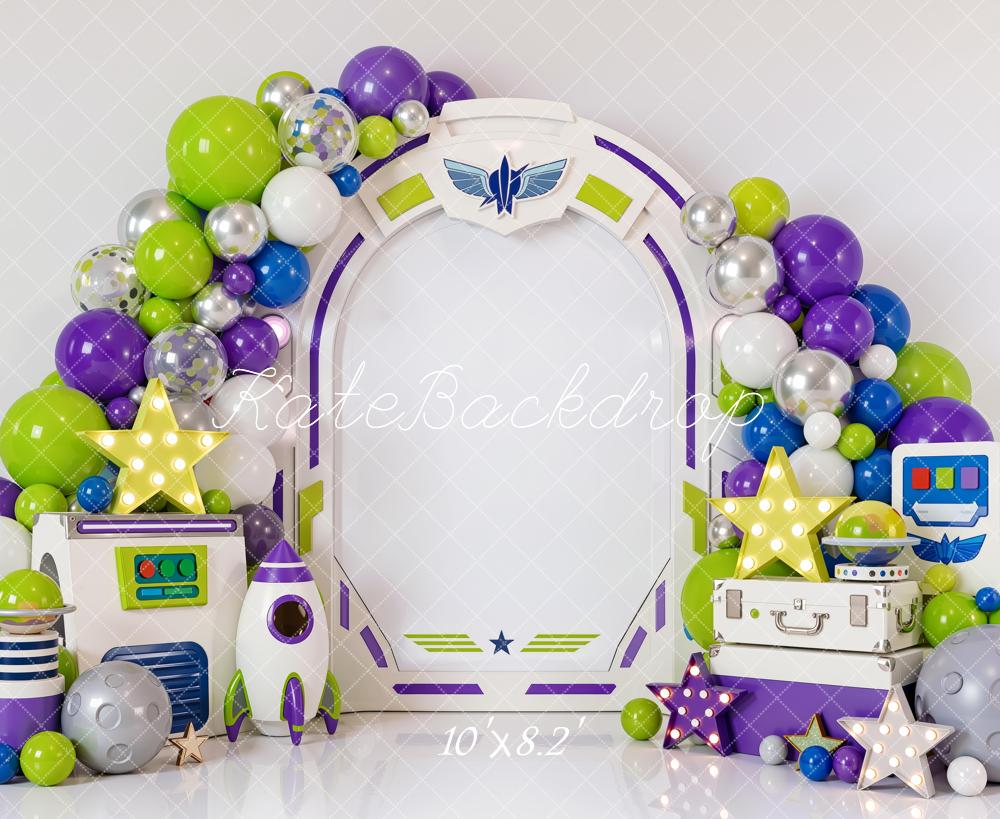 Kate Cake Smash Space Arch Balloons Rocket Stars Control Panel Printed Backdrop Designed by Mini MakeBelieve