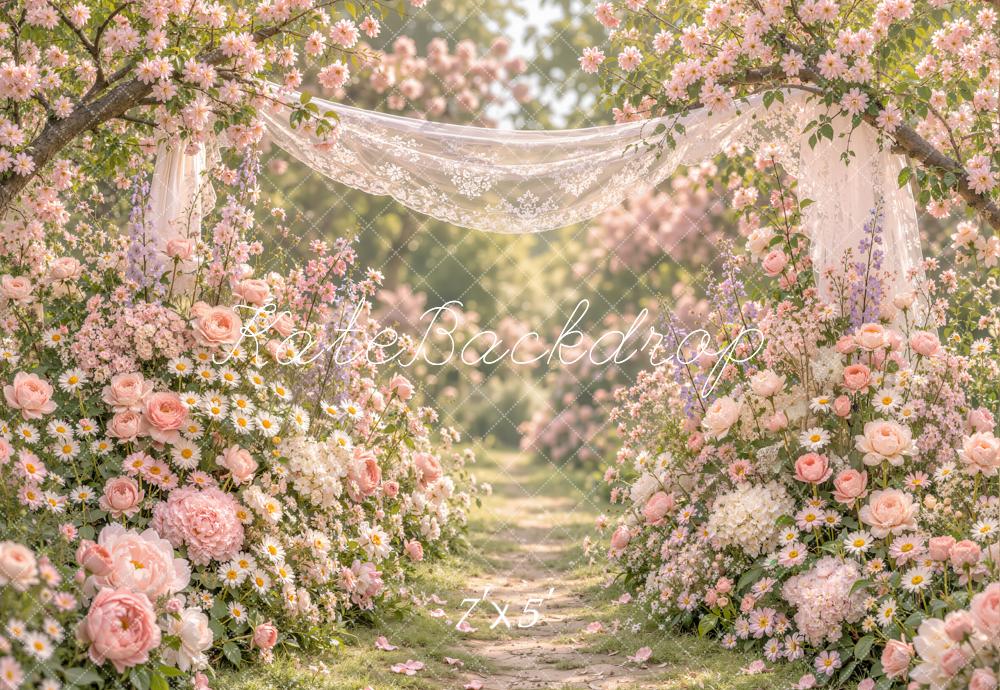 Kate Spring Romantic Flower Arch Lace Drapery Printed Backdrop Designed by Emetselch