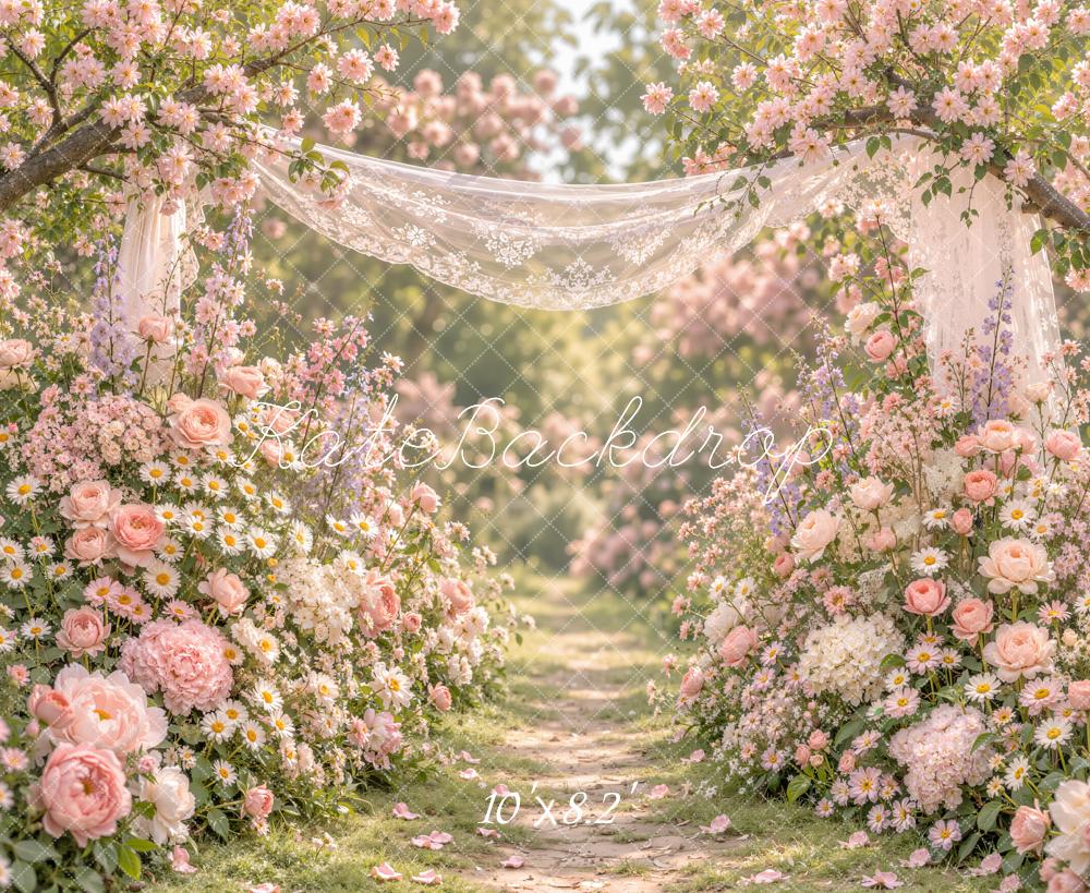 Kate Spring Romantic Flower Arch Lace Drapery Printed Backdrop Designed by Emetselch