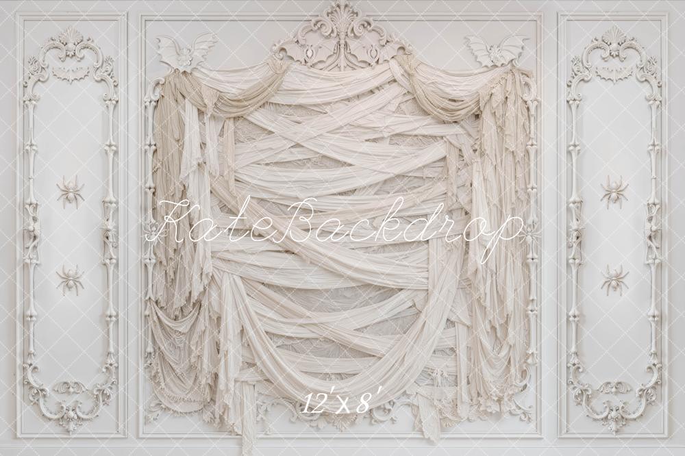 Kate Halloween Mummy Wall White Drapes Printed Backdrop Designed by Mini MakeBelieve