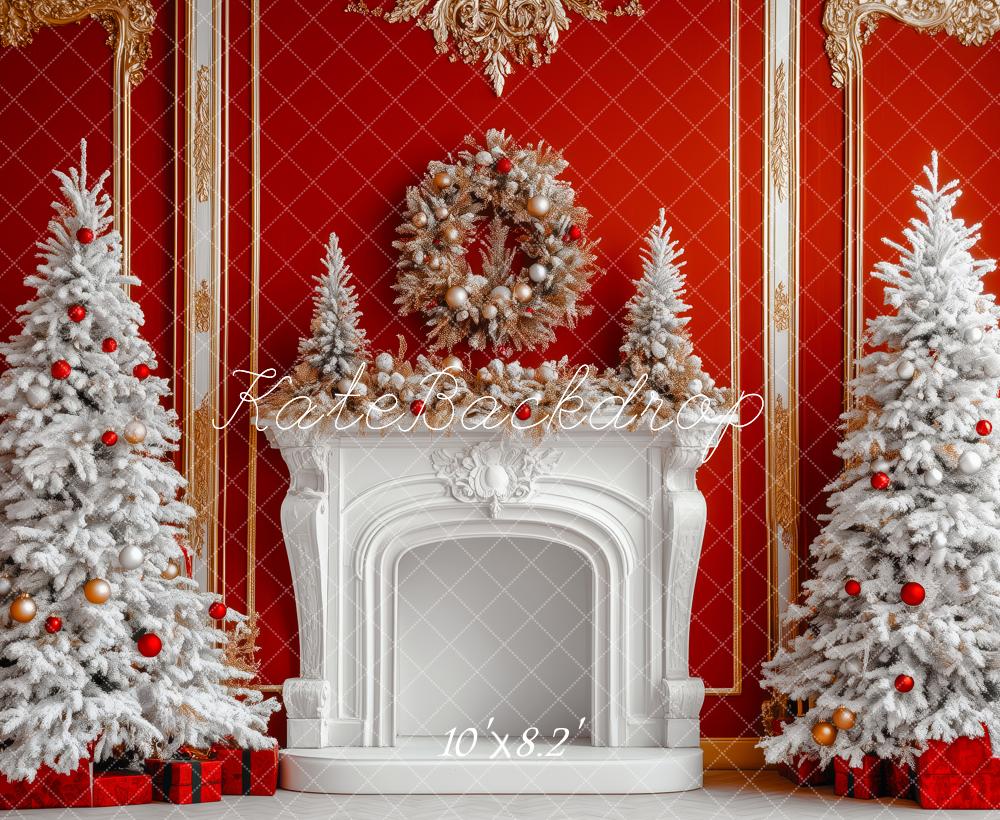 Kate Christmas White Frosted Trees Fireplace Red Wall Wreath Backdrop Designed by Patty Roberts