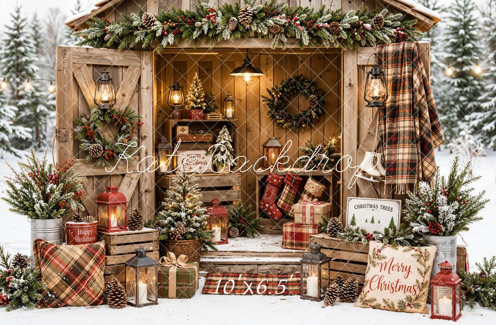 Kate Christmas Rustic Cabin Plaid Blanket Garland Snowy Printed Backdrop Designed by Emetselch