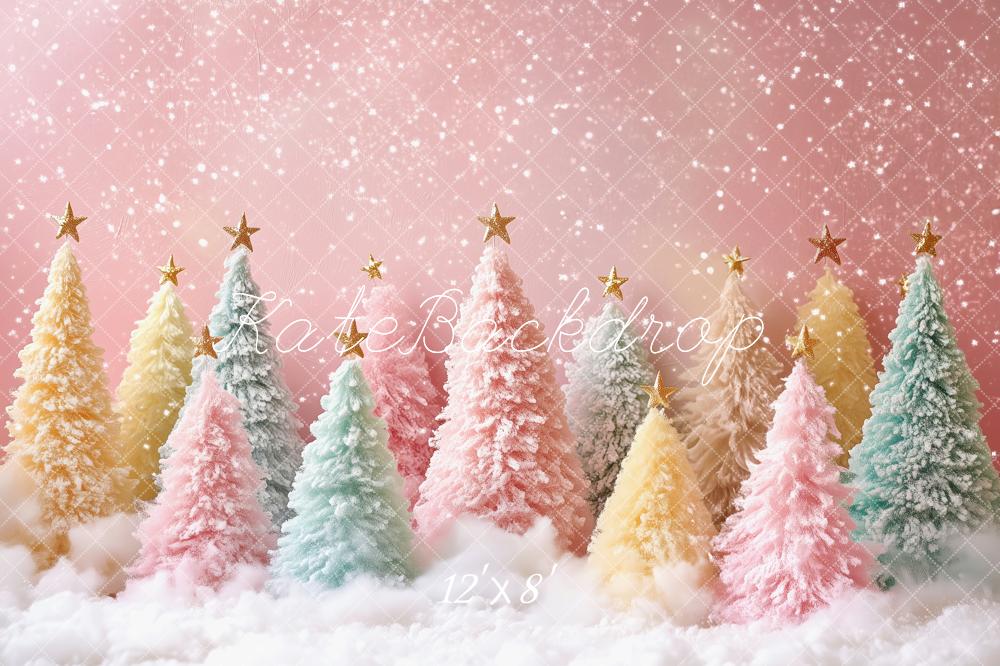 Kate Christmas Trees Pastel Snowy Pink Glitter Backdrop Designed by Patty Roberts